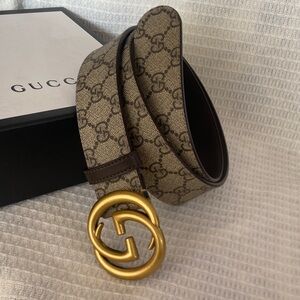 Gucci Tan and Gold GG Logo Belt